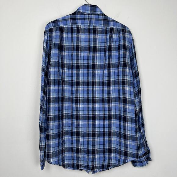 Polo Ralph Lauren Shirt Men’s Small 100% Linen Button Up Blue Plaid Long Sleeve - Picture 2 of 8